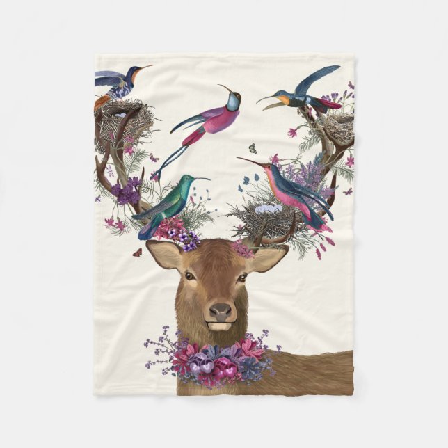 Deer Birdkeeper, Tropical Bird Nests Fleece Blanket (Front)