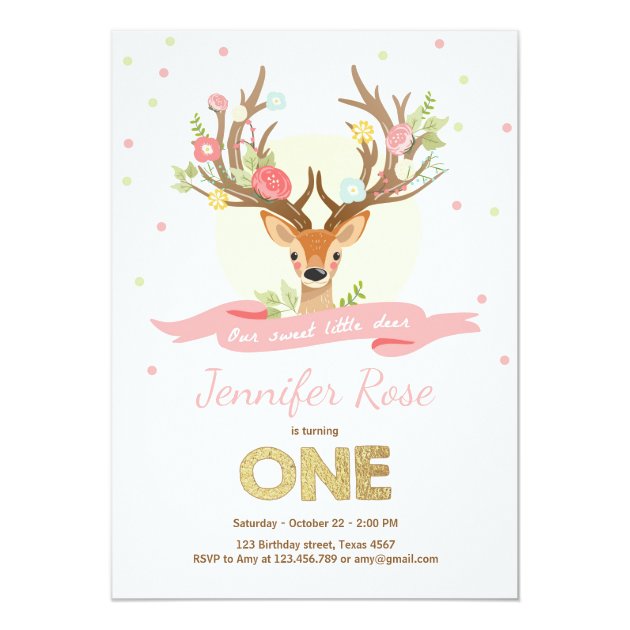 Deer Birthday Invitate Antlers Woodland Gold Pink Invitation