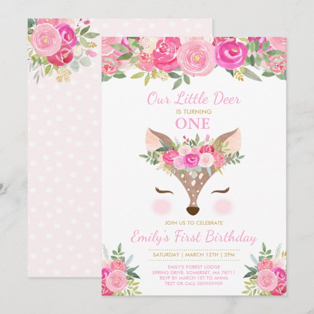 Deer Birthday Invitation Floral Woodland Deer (Front/Back)