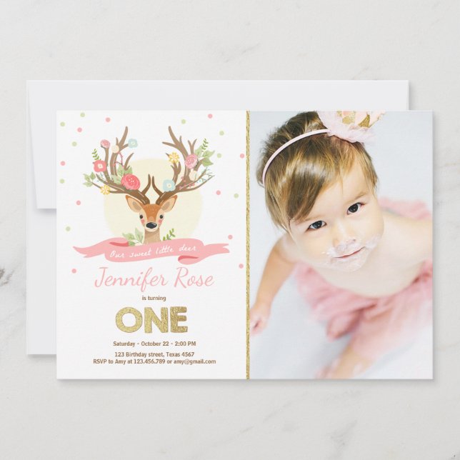 Deer birthday invite Antlers Woodland Gold Pink (Front)