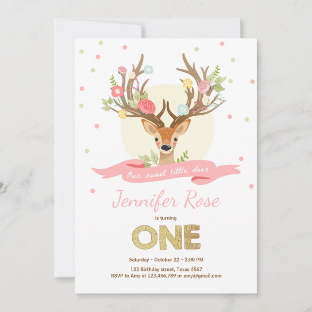 Deer birthday invite Antlers Woodland Gold Pink (Front)