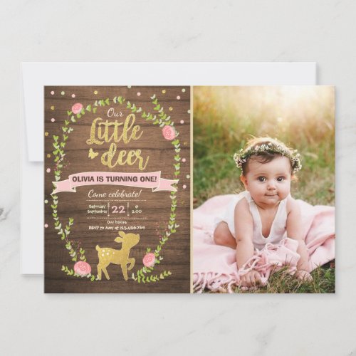 Deer birthday invite Girl Pink Gold Woodland Party