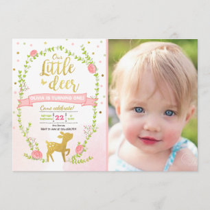 Deer birthday invite Girl Pink Gold Woodland Party
