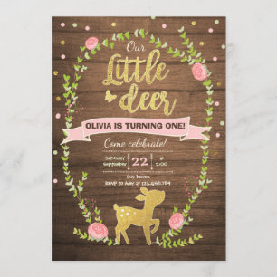 Deer birthday invite Girl Pink Gold Woodland Party
