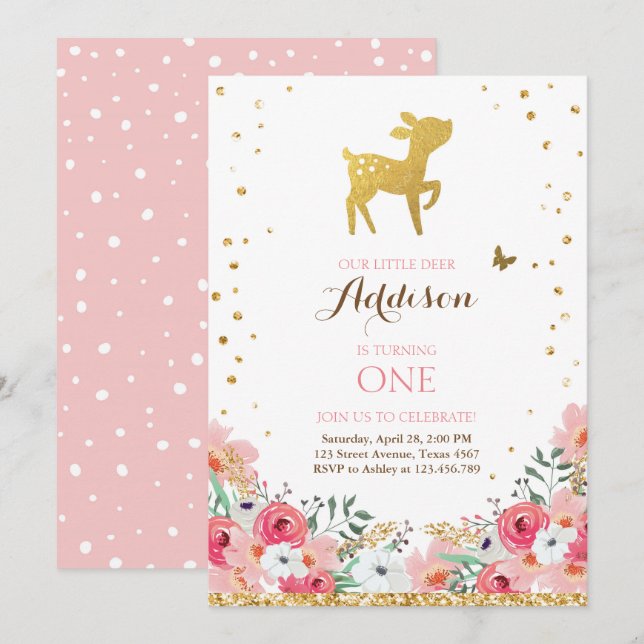 Deer birthday invite Woodland Gold Pink Floral (Front/Back)