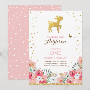 Deer birthday invite Woodland Gold Pink Floral