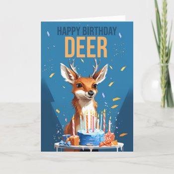 Deer Birthday With Cake And Candles On A Blue Back Thank You Card by moonlake at Zazzle