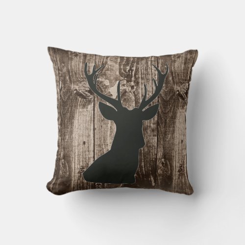Deer Black Wildlife on Rustic Wood Cabin Throw Pillow