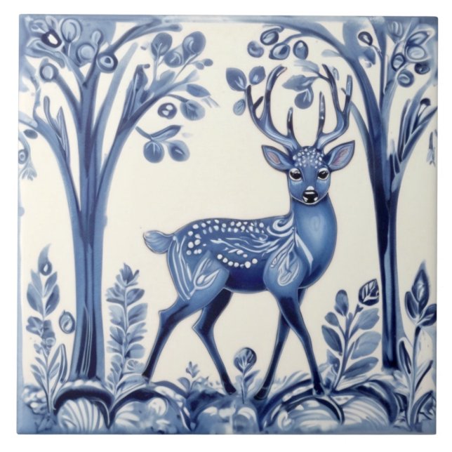 Deer Blue and White Woodland Folk Animal Art Ceramic Tile (Front)