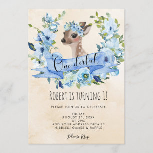 deer blue floral onederful 1st birthday invitation