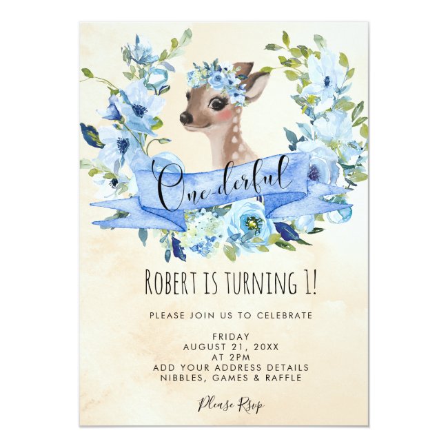 deer blue floral onederful 1st birthday invitation