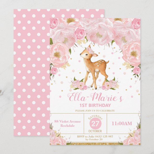 Deer Blush Floral Birthday Party Girl Invitation (Front/Back)