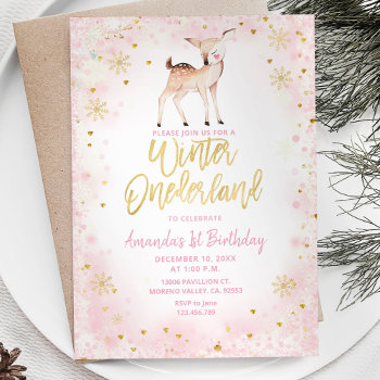 Deer Blush Pink Winter Onederland Birthday  Invitation by HappyPartyStudio at Zazzle