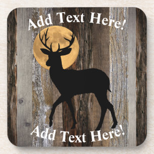 Deer Buck Antlers Full Moon Rustic Wood Beverage Coaster