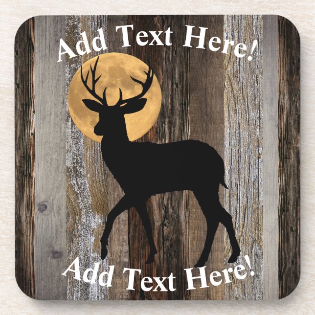 Deer Buck Antlers Full Moon Rustic Wood Beverage Coaster (Front)
