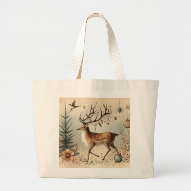 Deer Buck Forest Scene Christmas Tote Bag (Front)