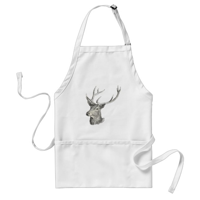 Deer Buck Head with Antlers Black and White Art Adult Apron (Front)