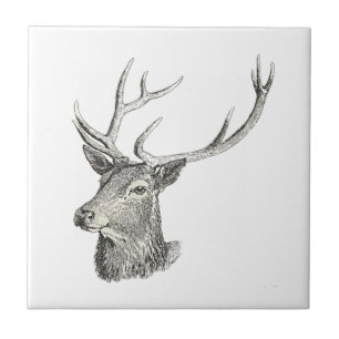 Deer Buck Head with Antlers Black and White Art Ceramic Tile