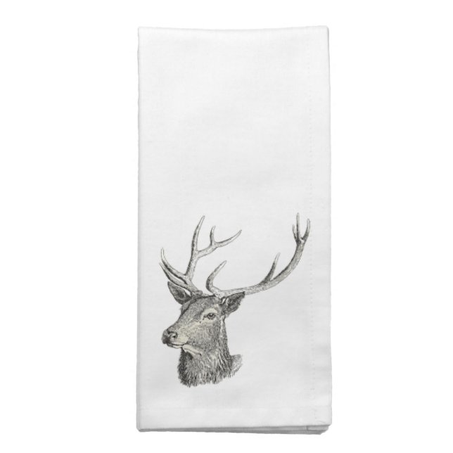 Deer Buck Head with Antlers Black and White Art Cloth Napkin (Folded)
