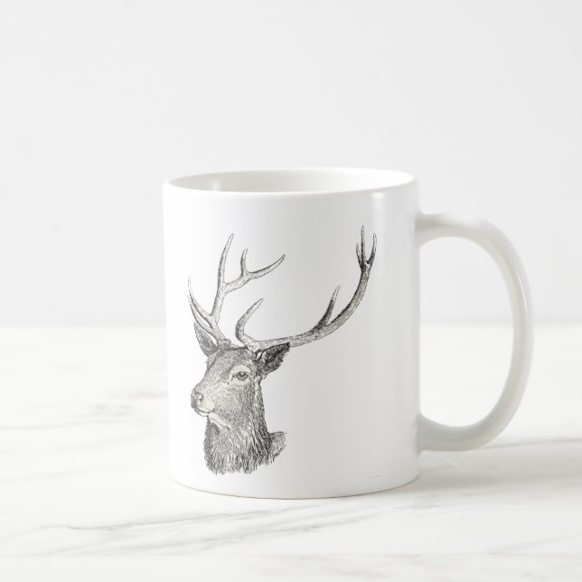 Deer Buck Head with Antlers Black and White Art Coffee Mug (Right)
