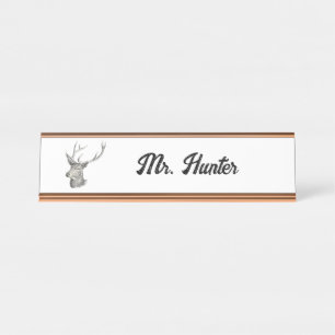 Deer Buck Head with Antlers Black and White Art Desk Name Plate