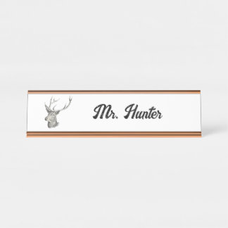 Deer Buck Head with Antlers Black and White Art Desk Name Plate