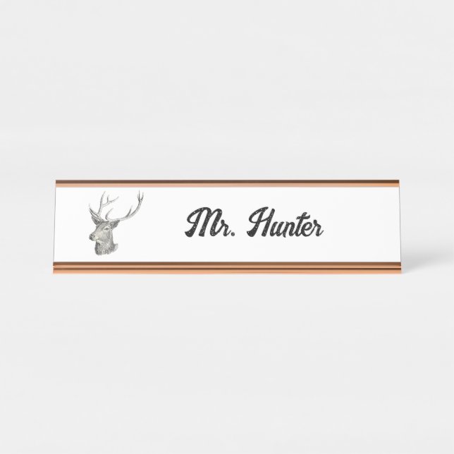 Deer Buck Head with Antlers Black and White Art Desk Name Plate (Front)