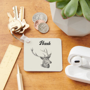 Deer Buck Head with Antlers Black and White Art Keychain