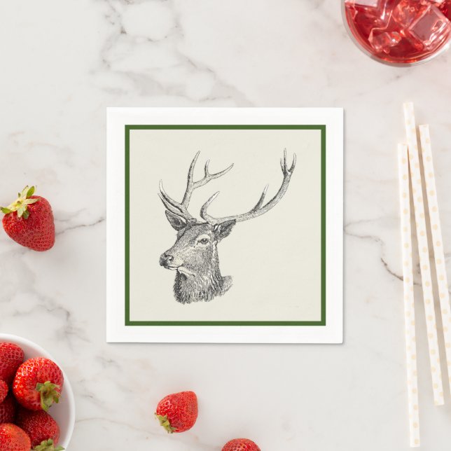 Deer Buck Head with Antlers Black and White Art Napkins (Insitu)
