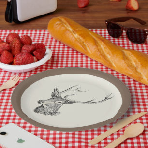 Deer Buck Head with Antlers Black and White Art Paper Plates