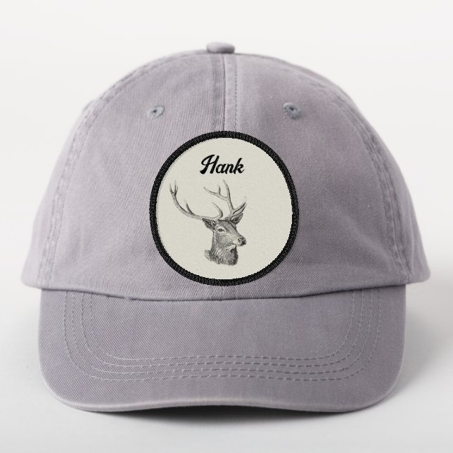 Deer Buck Head with Antlers Black and White Art Patch (On Headwear)