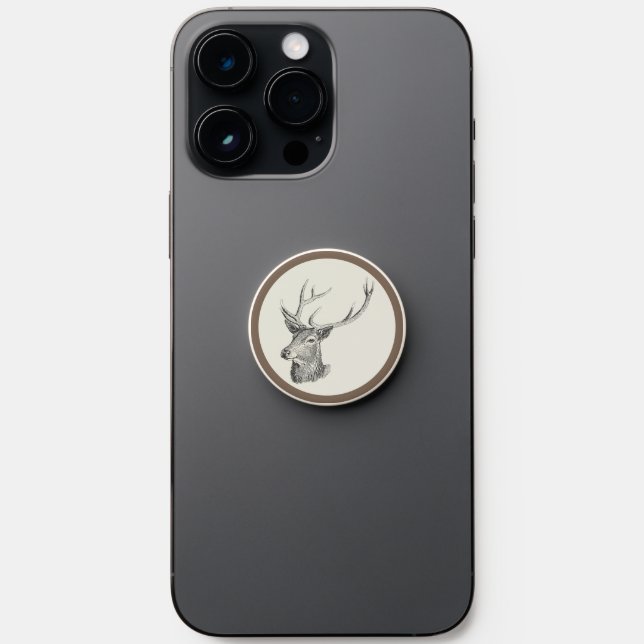 Deer Buck Head with Antlers Black and White Art PopSocket (Front)