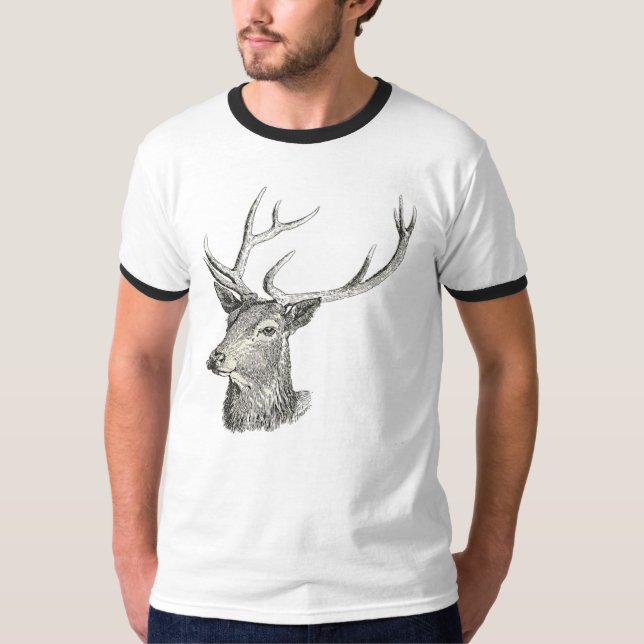 Deer Buck Head with Antlers Black and White Art T-Shirt (Front)