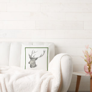 Deer Buck Head with Antlers Black and White Art Throw Pillow