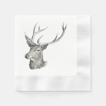 Deer Buck Head With Antlers Drawing Paper Napkins by ThatShouldbeaShirt at Zazzle