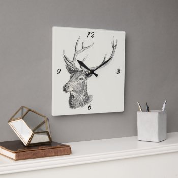 Deer Buck Head With Antlers Hunting Drawing Square Wall Clock by ThatShouldbeaShirt at Zazzle