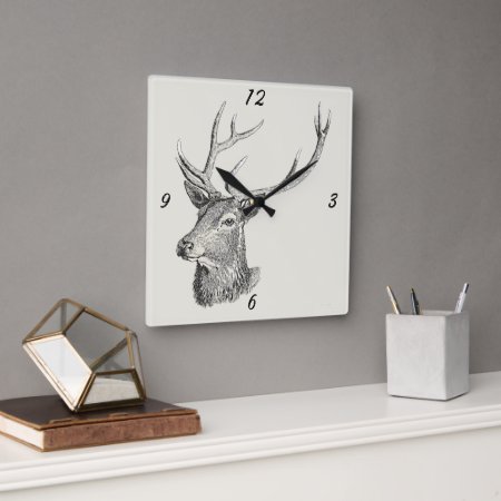 Deer Buck Head With Antlers Hunting Drawing Square Wall Clock
