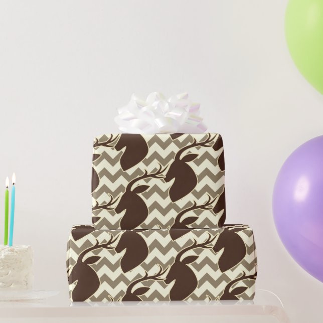 Deer Buck Head with Chevron Brown Wrapping Paper (Party Gifts)