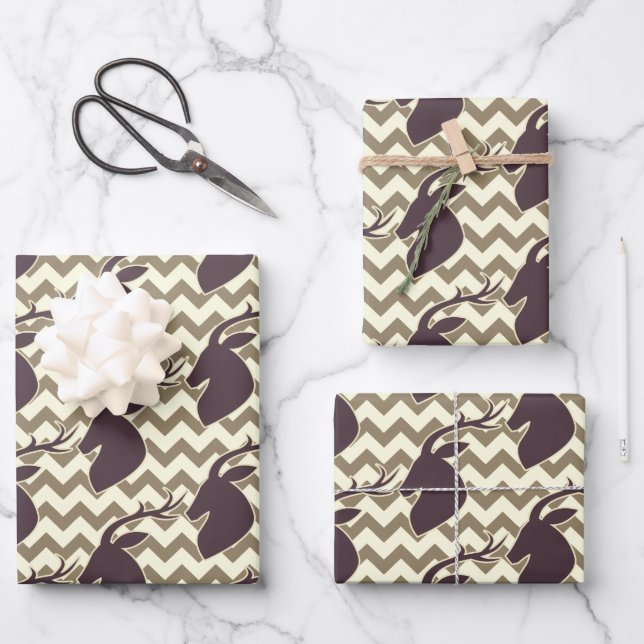 Deer Buck Head with Chevron Brown Wrapping Paper Sheets (Front)