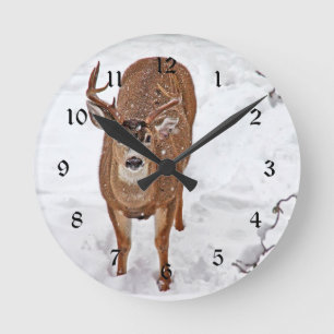 Deer Buck in Winter Snow Round Clock