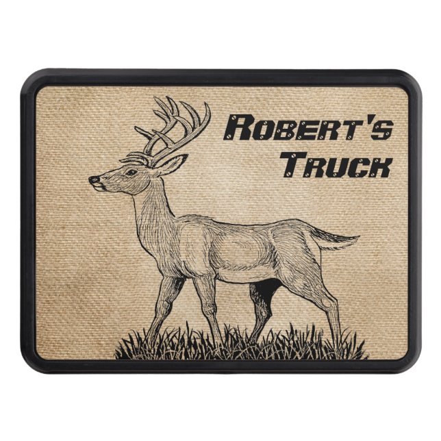 Deer Buck on Burlap Personalized Truck Tow Hitch Cover (Front)