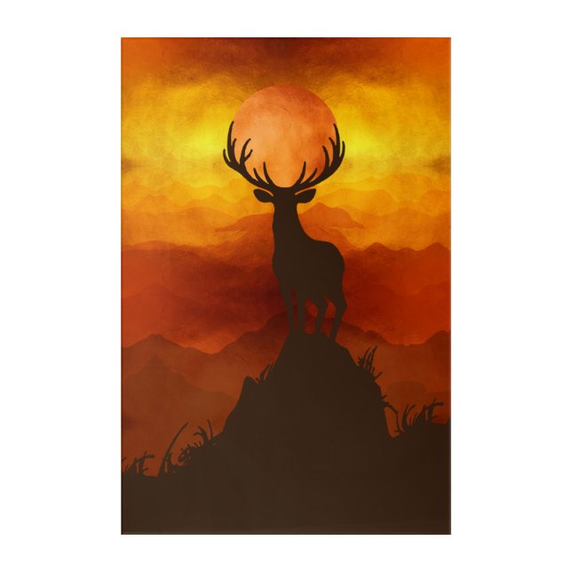 Deer Buck on top of Mountain with sunset Acrylic Print (Front)