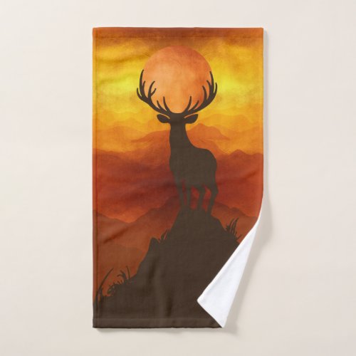 Deer Buck on top of Mountain with sunset Bath Towel Set
