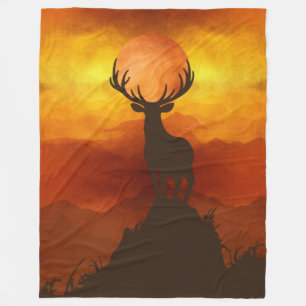 Deer Buck on top of Mountain with sunset Fleece Blanket