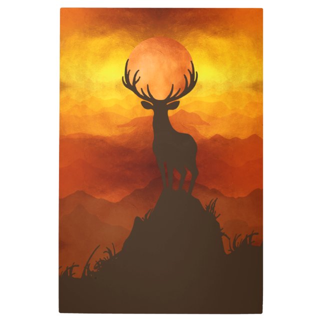 Deer Buck on top of Mountain with sunset Metal Print (Front)