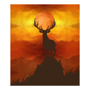 Deer Buck on top of Mountain with sunset Photo Print