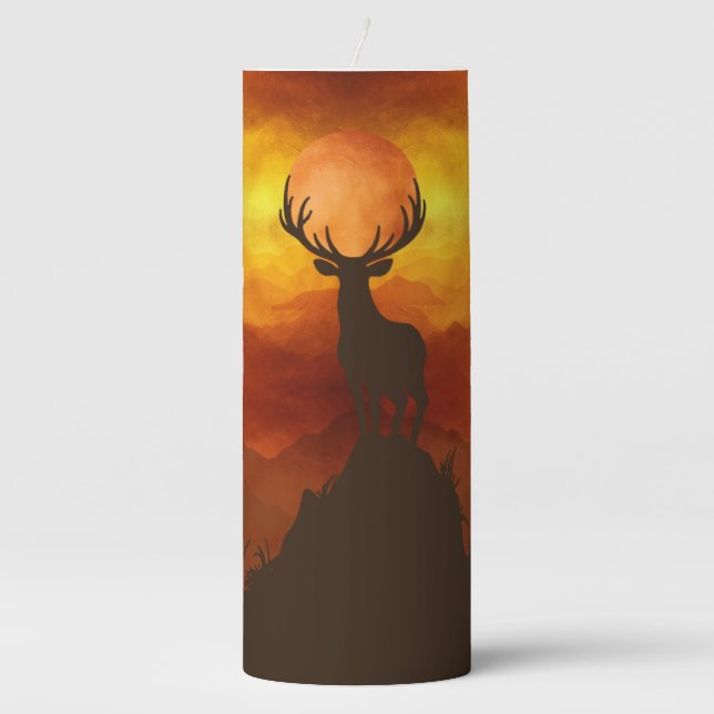 Deer Buck on top of Mountain with sunset Pillar Candle (Front)