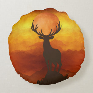Deer Buck on top of Mountain with sunset Round Pillow