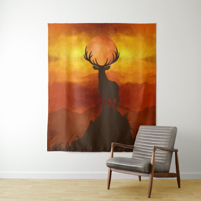 Deer Buck on top of Mountain with sunset Tapestry (In Situ)
