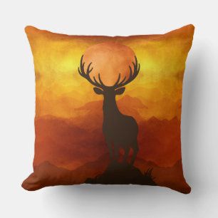 Deer Buck on top of Mountain with sunset Throw Pillow